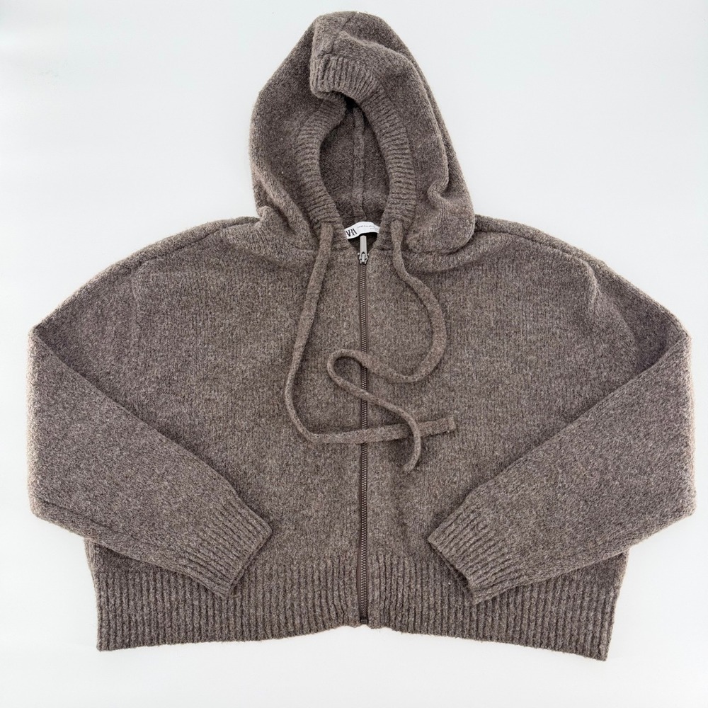 ZARA KNIT ZIP UP HOODED CARDIGAN SWEATER Taupe Brown Wool Blend Relaxed Fit
